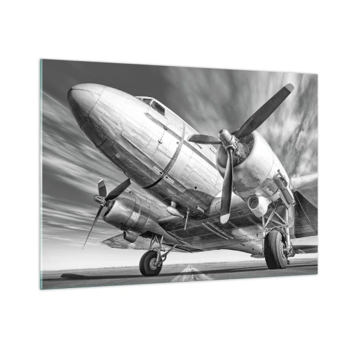Impression sur verre - Image sur verre - Un avion à hélice noir et blanc sur la piste - 100x70cm - Toujours prêt à voler - Décoration murale moderne pour le salon et la chambre ARTTOR