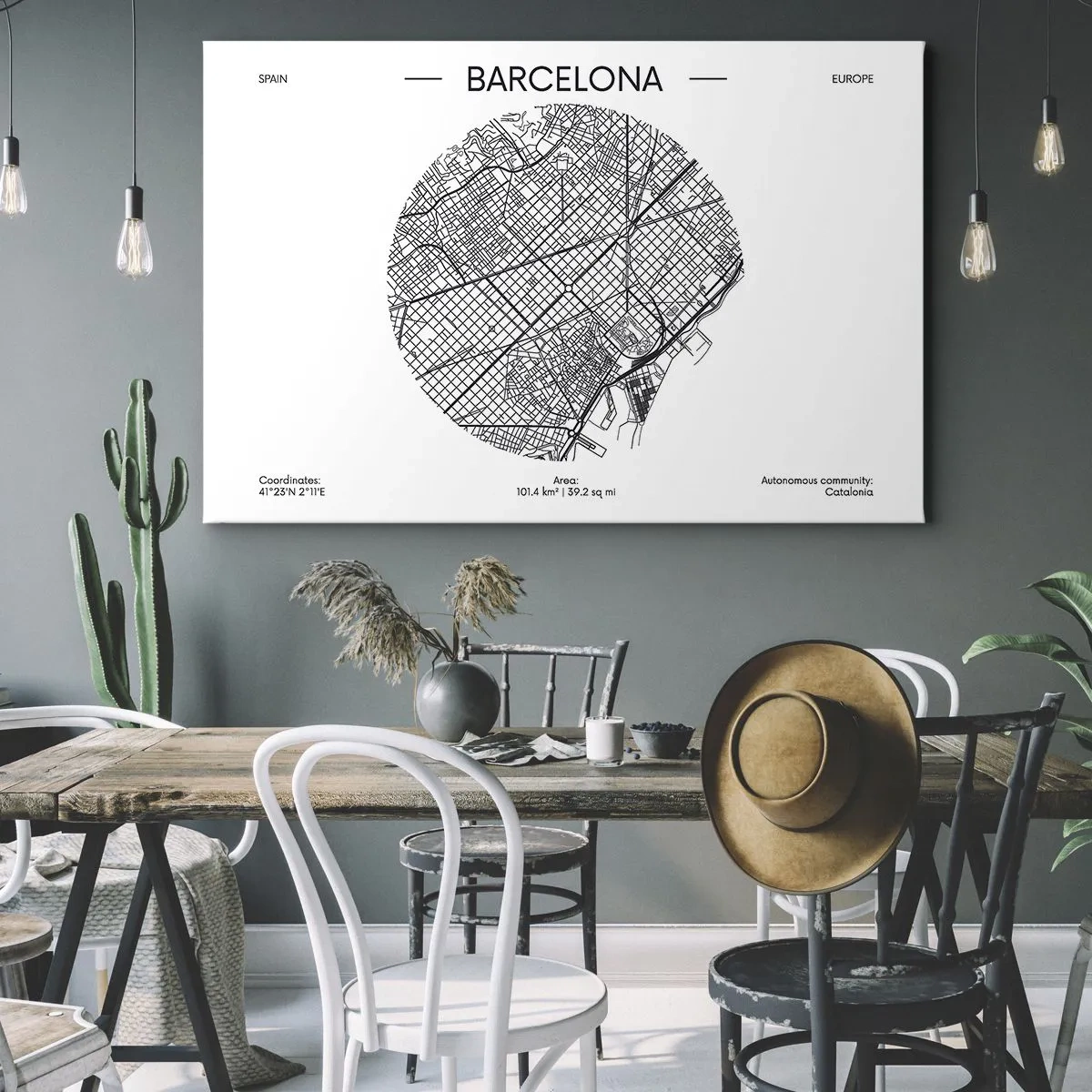 Impression sur toile - Image sur toile - Une carte de Barcelone dans un style minimaliste en noir et blanc - 70x50cm - Anatomie de Barcelone - Décoration murale moderne pour le salon et la chambre ARTTOR
