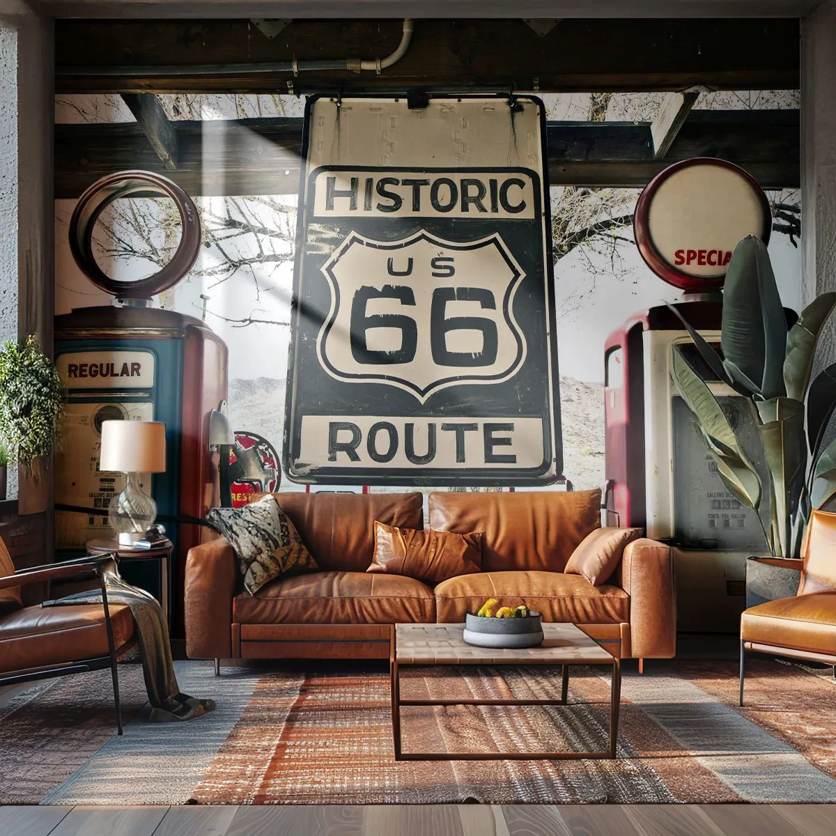 Papier Peint Photo Premium Sand - Station-service rétro sur la légendaire Route 66 - 100x70cm - Voyage rétro américain - Décoration murale moderne pour le salon et la chambre ARTTOR