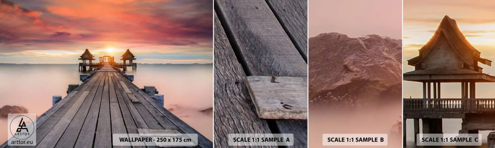 Échantillon de Papier Peint Autocollant Deluxe Sticker - L'Ouest à l'Est - Paysage, Jetée en bois, Mer - 100x30 cm