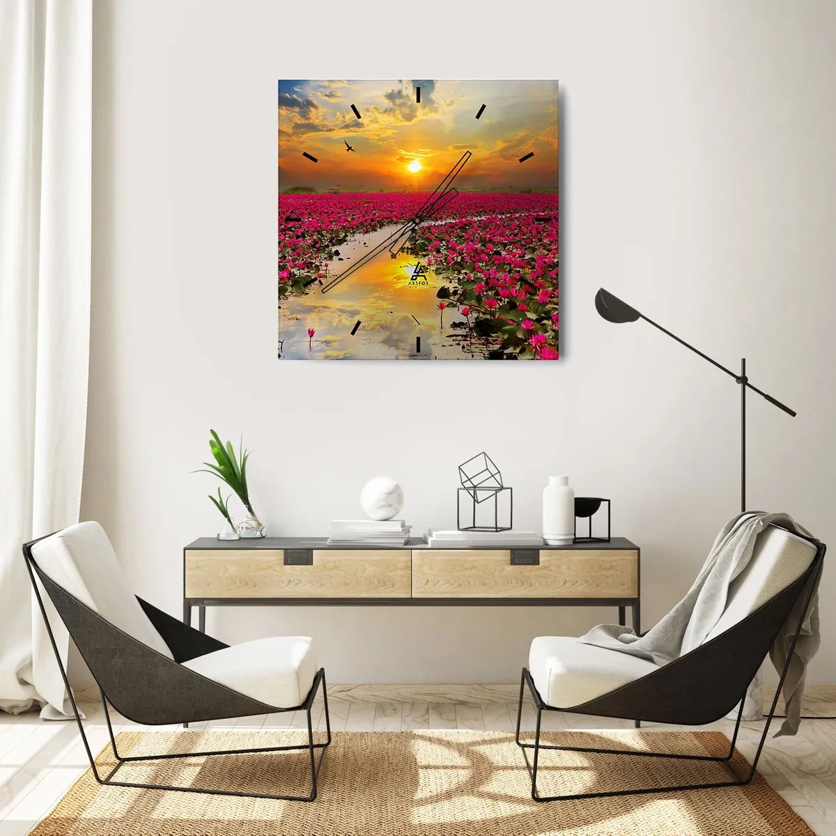 Horloge murale - Pendule murale - Un champ de nénuphars roses au coucher du soleil - 30x30cm - La vie secrète du lac - Décoration murale moderne pour le salon et la chambre ARTTOR