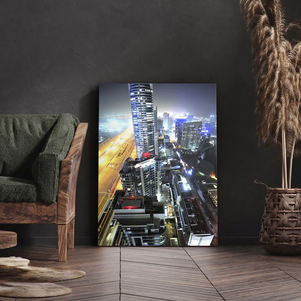 Impression sur toile - Image sur toile - Panorama de la ville nocturne avec des gratte-ciel illuminés - 80x120cm - Un miracle dans le désert - Décoration murale moderne pour le salon et la chambre ARTTOR