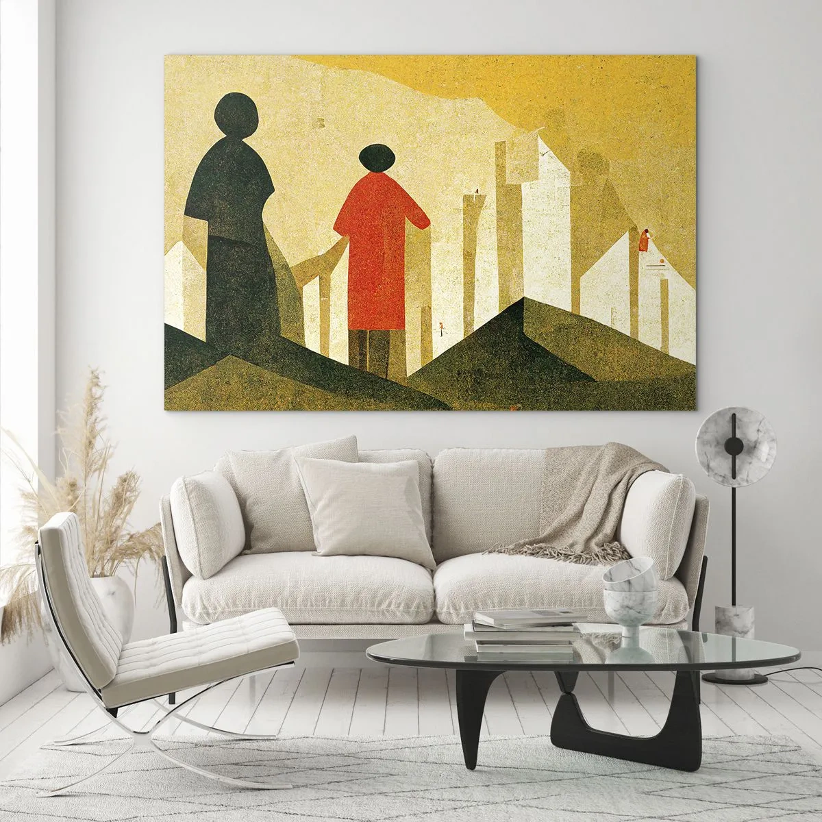 Impression sur verre - Image sur verre - Silhouettes géométriques de personnages parmi de hautes formes sur fond de ciel jaune - 120x80cm - La route est encore longue - Décoration murale moderne pour le salon et la chambre ARTTOR