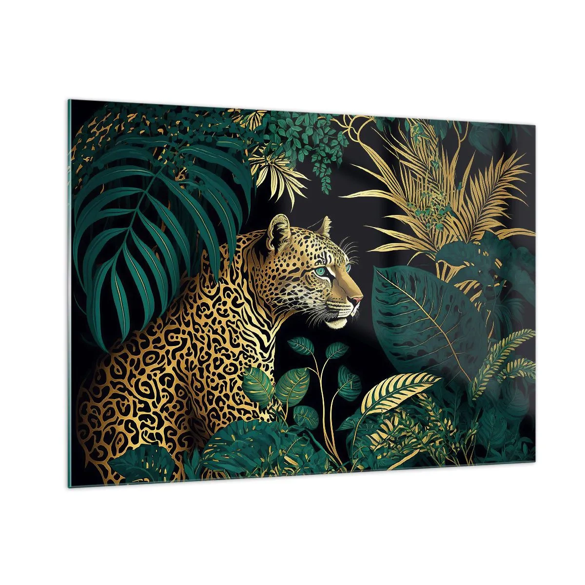Impression sur verre - Image sur verre - Un léopard parmi des feuilles tropicales sur un fond sombre - 100x70cm - Un hôte dans la jungle - Décoration murale moderne pour le salon et la chambre ARTTOR