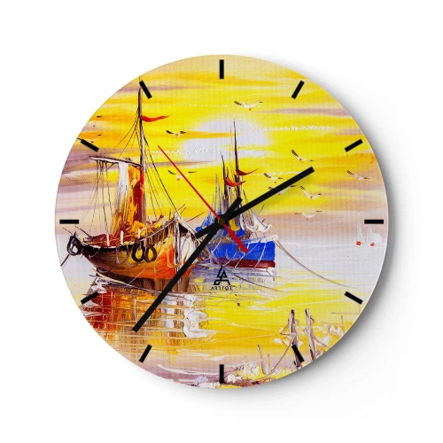 Horloge murale - Pendule murale - Voiliers pittoresques au coucher du soleil - 30x30cm - Un repos bien mérité au port - Décoration murale moderne pour le salon, la cuisine et la chambre ARTTOR