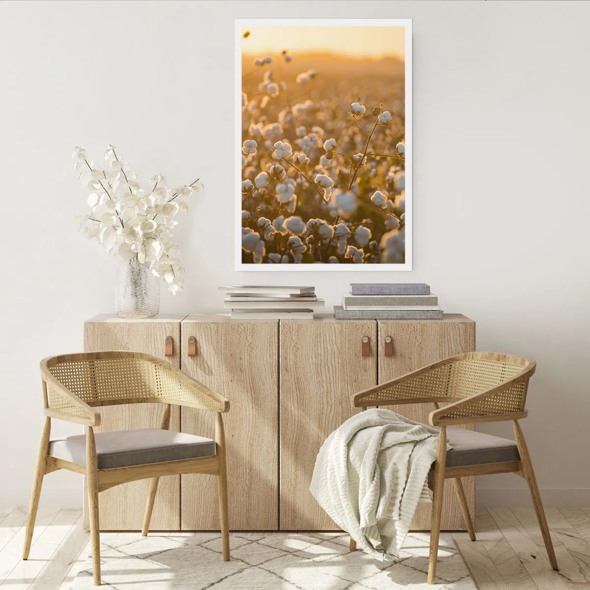 Affiche - Poster - Un champ de coton dans la chaude lumière du soleil couchant - 50x70cm - Champ moelleux - Décoration murale moderne pour le salon et la chambre ARTTOR