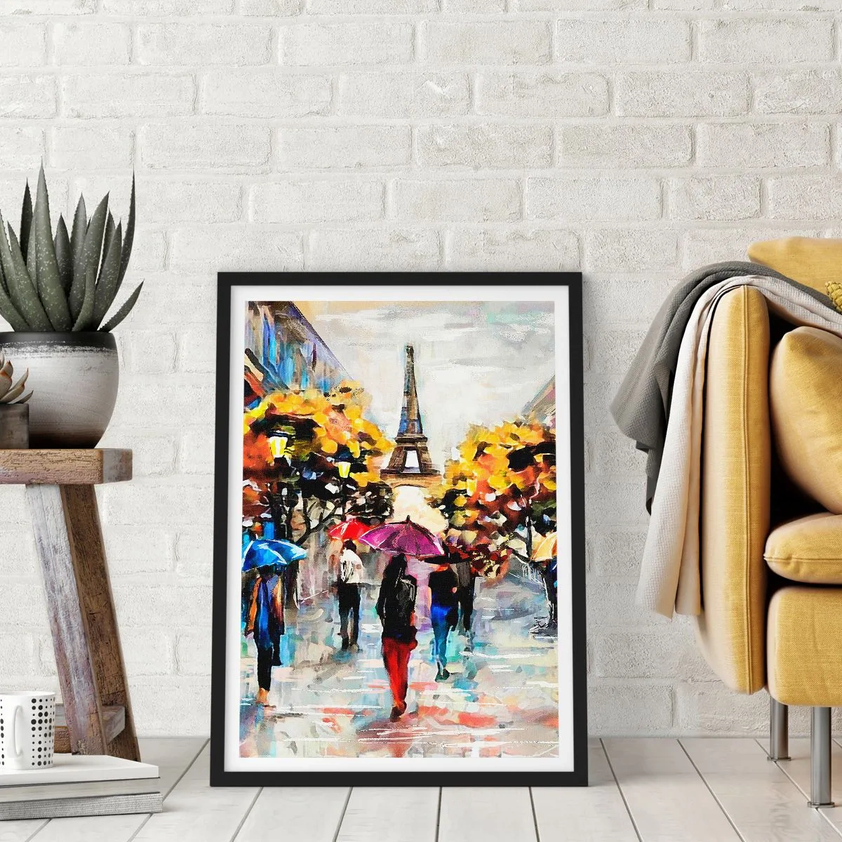 Affiche dans un cadre noir - Poster - La Tour Eiffel dans un paysage d'automne avec des parapluies colorés - 50x70cm - Particulièrement beau en automne - Décoration murale moderne pour le salon et la chambre ARTTOR