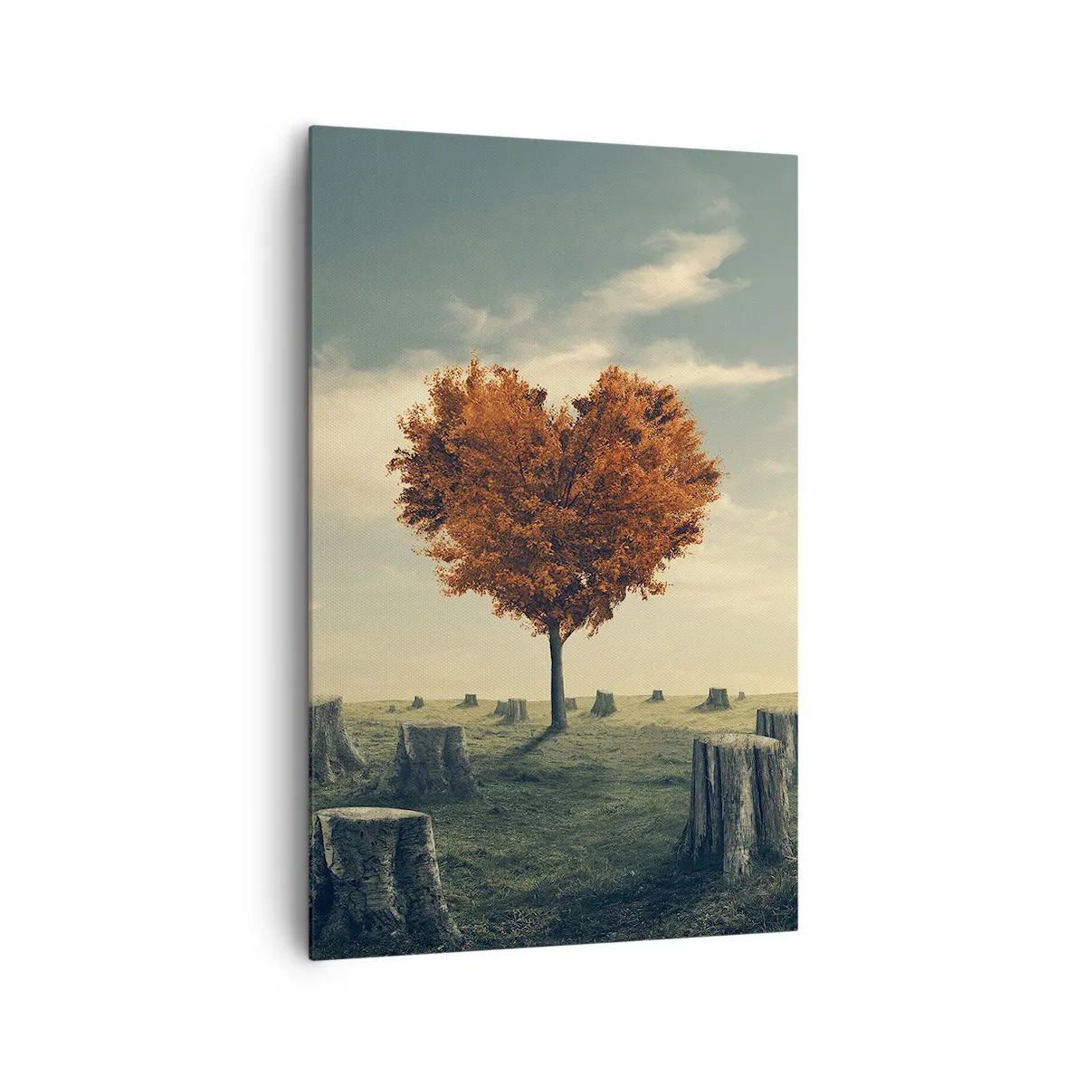 Impression sur toile - Image sur toile - Un arbre en forme de cœur dans un champ de souches, symbole d'espoir - 80x120cm - Il y a toujours de l'espoir - Décoration murale moderne pour le salon et la chambre ARTTOR