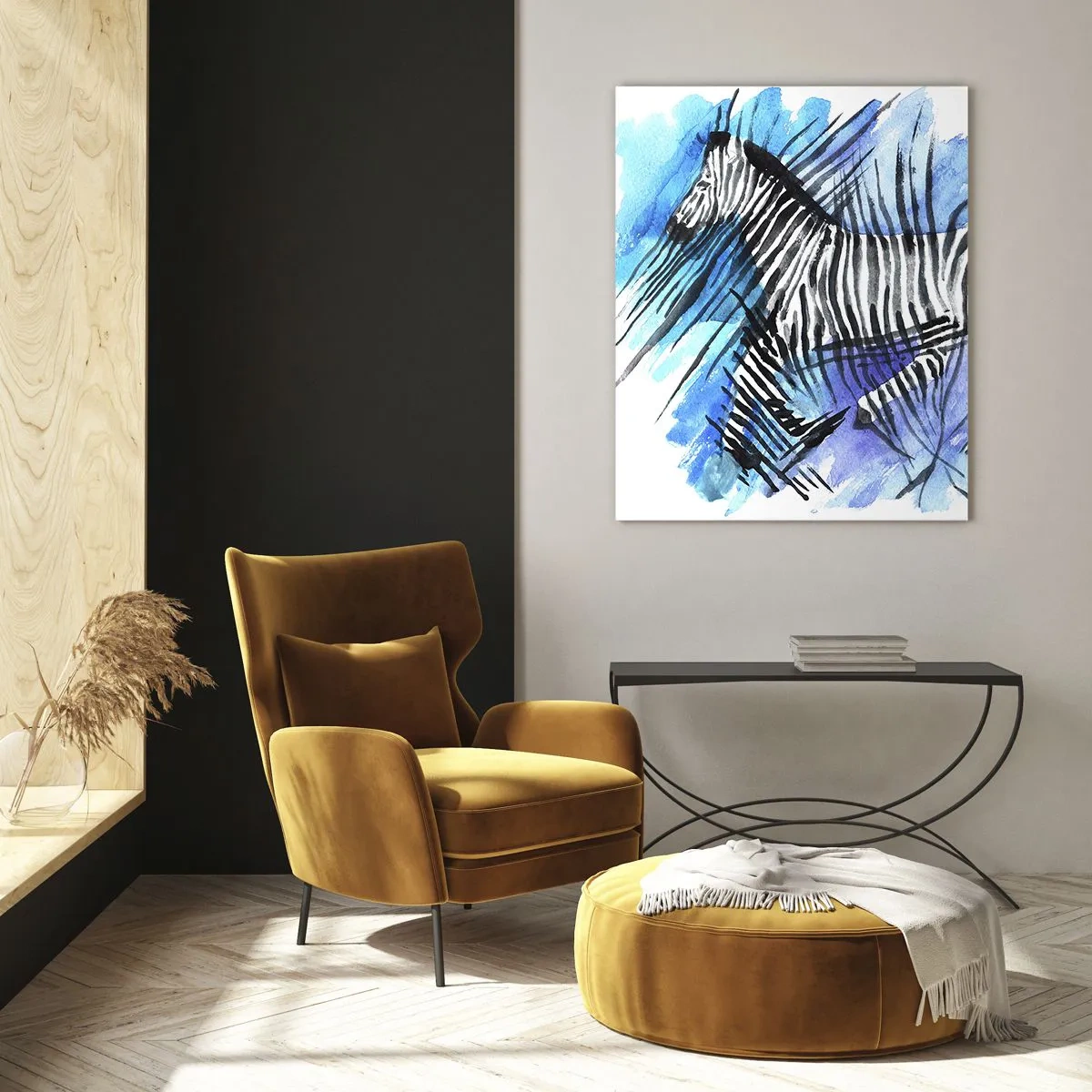 Impression sur verre - Image sur verre - Un zèbre dans une composition artistique à l'aquarelle sur fond bleu - 50x70cm - Caché dans les rayures - Décoration murale moderne pour le salon et la chambre ARTTOR