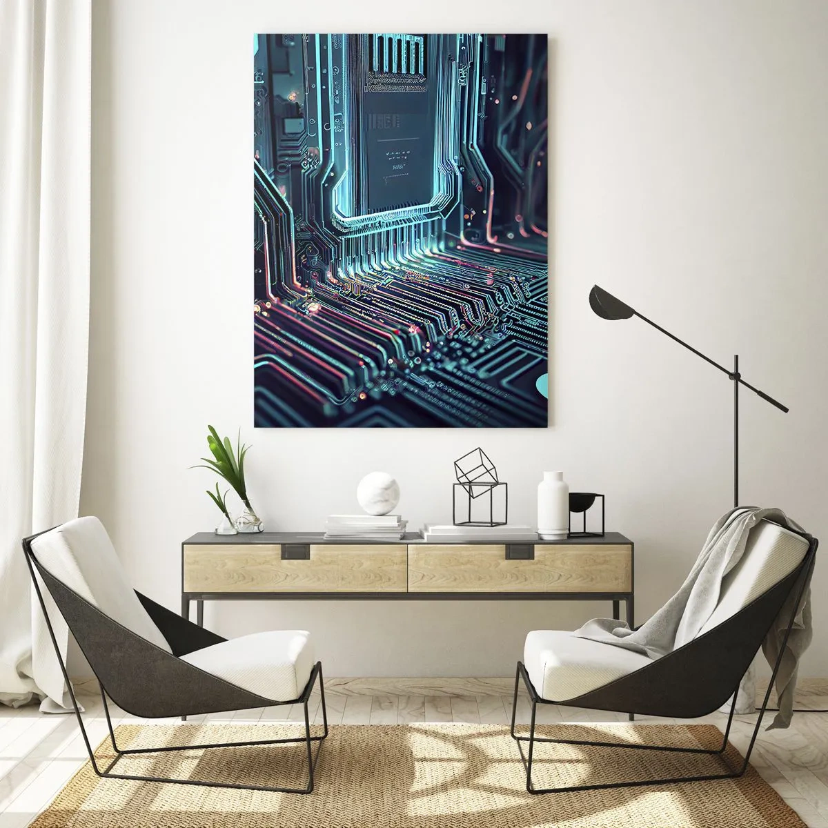 Impression sur verre - Image sur verre - Visualisation au néon des traces du processeur sur fond noir - 50x70cm - Je pense comme ça… - Décoration murale moderne pour le salon et la chambre ARTTOR