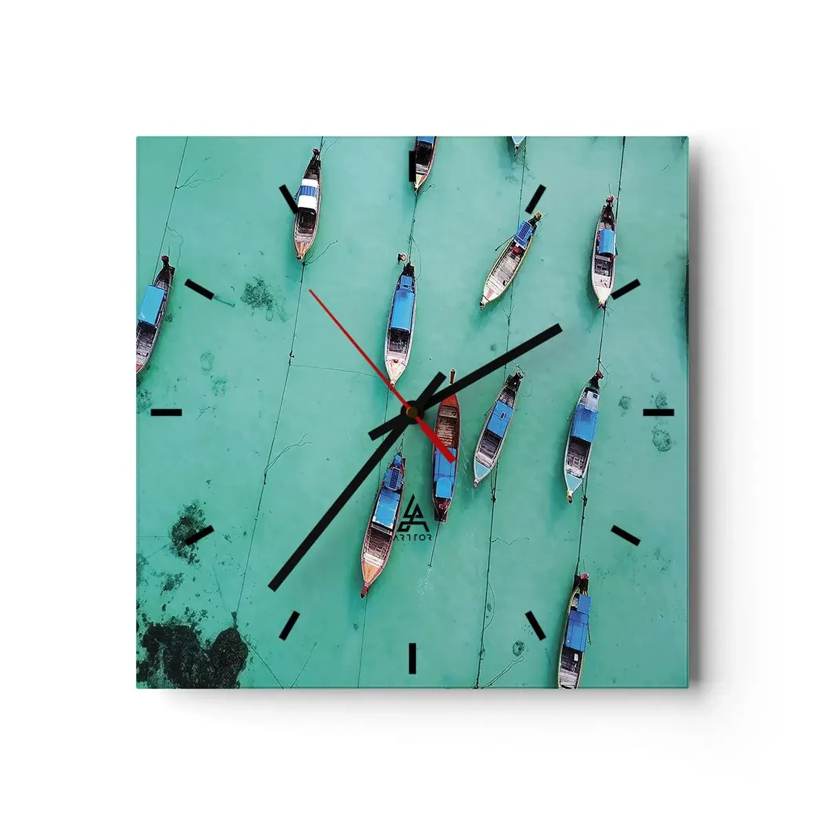 Horloge murale - Pendule murale - Vue aérienne de bateaux sur une eau turquoise - 30x30cm - Dans une attente jouyeuse - Décoration murale moderne pour le salon et la chambre ARTTOR