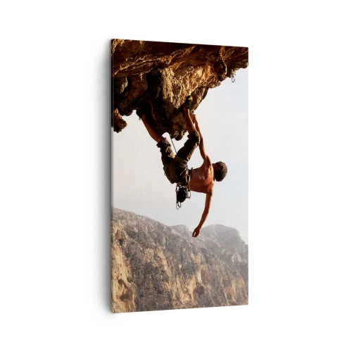 Impression sur toile - Image sur toile - Le monde rétréci dans une main sur une coupe de rocher - 45x80 cm