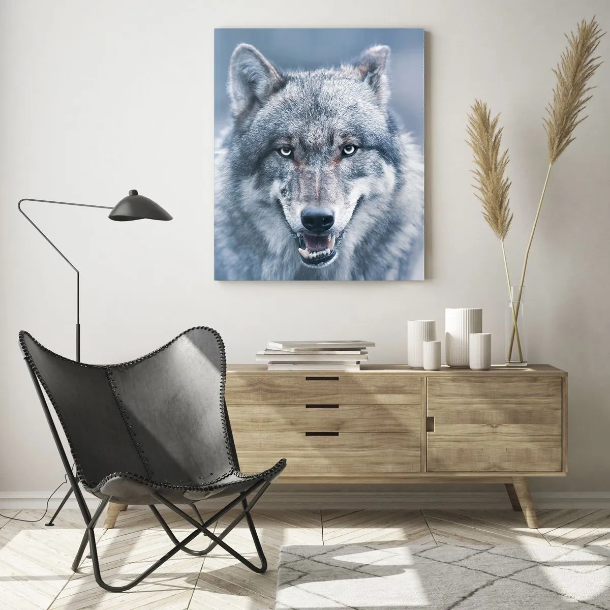Impression sur verre - Image sur verre - Un loup au regard intense dans un paysage hivernal - 70x100cm - Relèverez-vous le défi ? - Décoration murale moderne pour le salon et la chambre ARTTOR