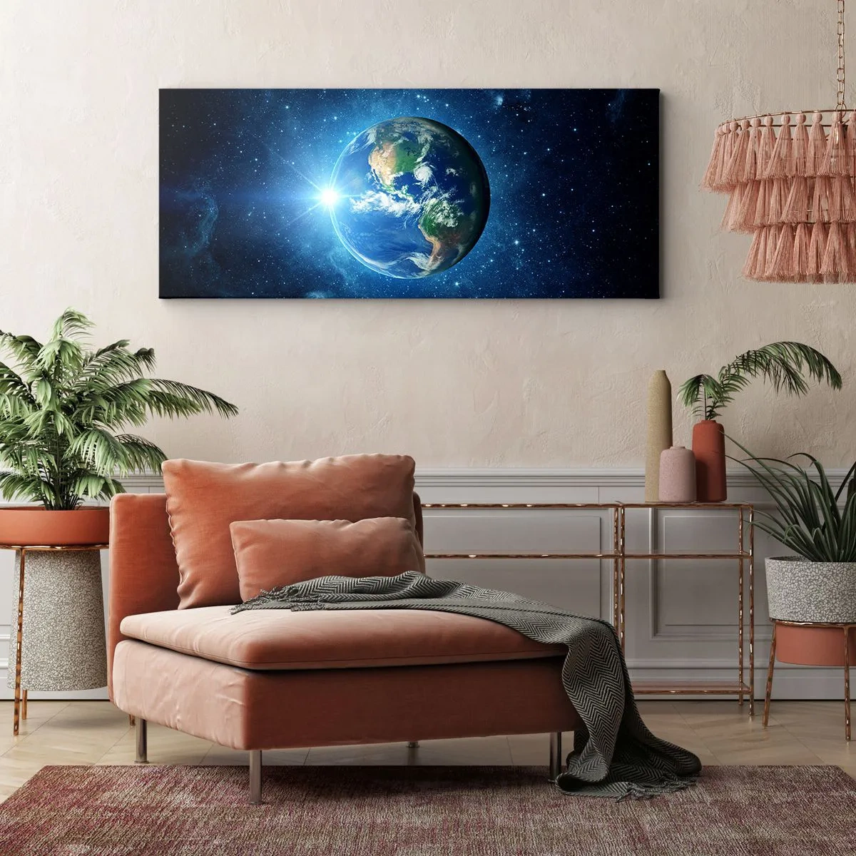 Impression sur toile - Image sur toile - La Terre dans l'espace entourée d'étoiles et de lumière - 160x50cm - Nous sommes au paradis - Décoration murale moderne pour le salon et la chambre ARTTOR