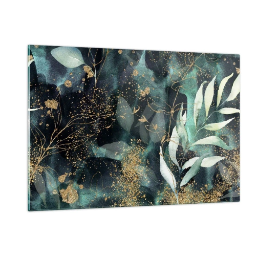 Impression sur verre - Image sur verre - Feuilles dorées et vertes sur fond sombre - 120x80cm - Jardin magique - Décoration murale moderne pour le salon et la chambre ARTTOR