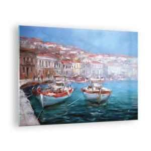 Impression sur verre - Image sur verre - Port de pêche avec des bateaux sur fond de bâtiments italiens et de ciel bleu - 70x50cm - Baie italienne - Décoration murale moderne pour le salon et la chambre ARTTOR
