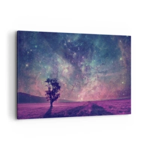 Impression sur toile - Image sur toile - Un arbre contre un ciel étoilé aux couleurs violettes et bleues - 120x80cm - Sous un ciel magique - Décoration murale moderne pour le salon et la chambre ARTTOR