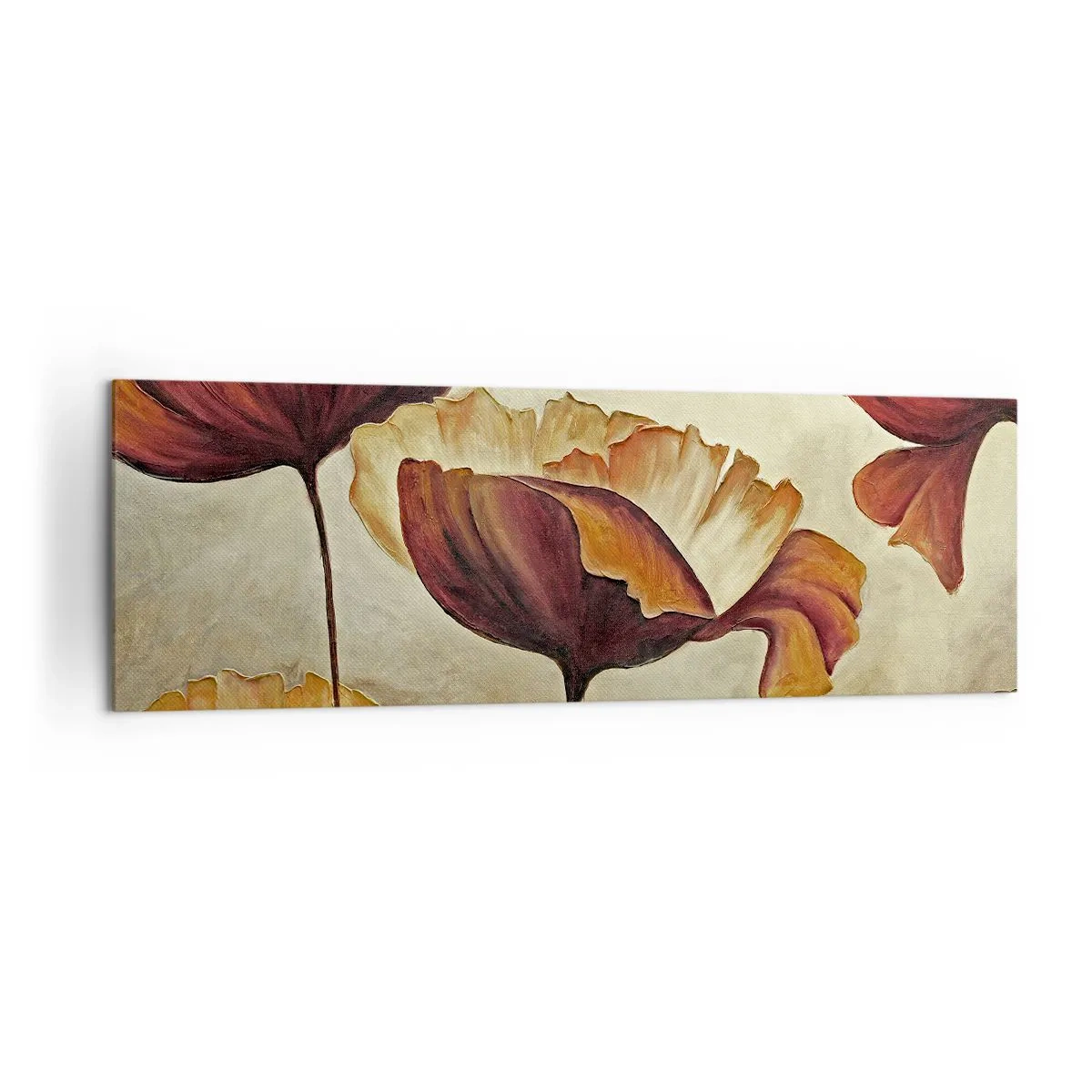 Impression sur toile - Image sur toile - Fleurs subtiles dans des tons de rouge et d'or sur un fond clair - 160x50cm - À la lisière des champs - Décoration murale moderne pour le salon et la chambre ARTTOR