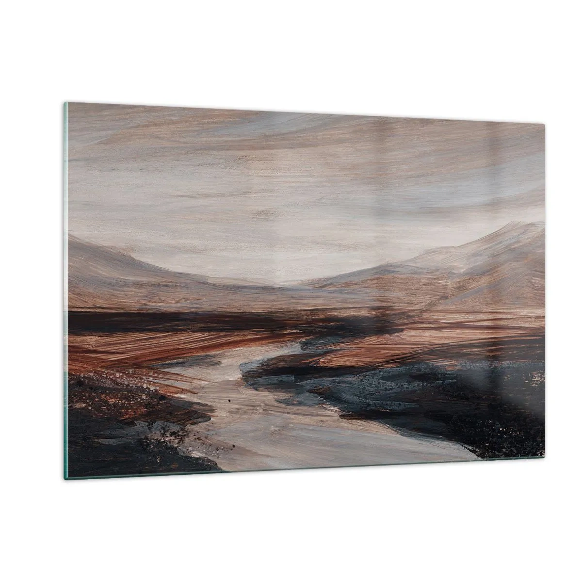 Impression sur verre - Image sur verre - Une vallée pittoresque avec une rivière aux tons bruns et bleus - 120x80cm - Une vallée tranquille - Décoration murale moderne pour le salon et la chambre ARTTOR