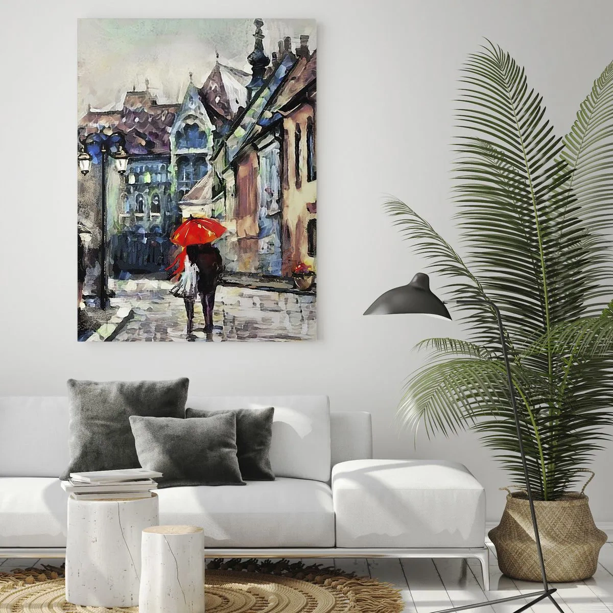 Impression sur verre - Image sur verre - Une charmante rue de la ville avec un couple sous un parapluie rouge - 80x120cm - Pluie pour deux - Décoration murale moderne pour le salon et la chambre ARTTOR