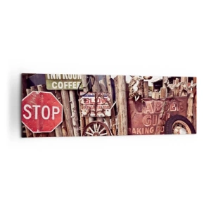 Impression sur toile - Image sur toile - Décorations rustiques avec des panneaux et une roue sur la clôture - 160x50cm - Et le temps s'est arrêté - Décoration murale moderne pour le salon et la chambre ARTTOR