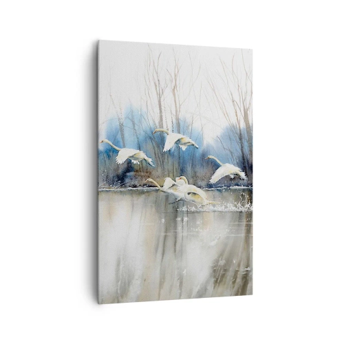 Impression sur toile - Image sur toile - Cygnes en vol au-dessus d'un lac gelé dans un paysage hivernal - 80x120cm - Comme dans un conte de fées sur les cygnes sauvages - Décoration murale moderne pour le salon et la chambre ARTTOR