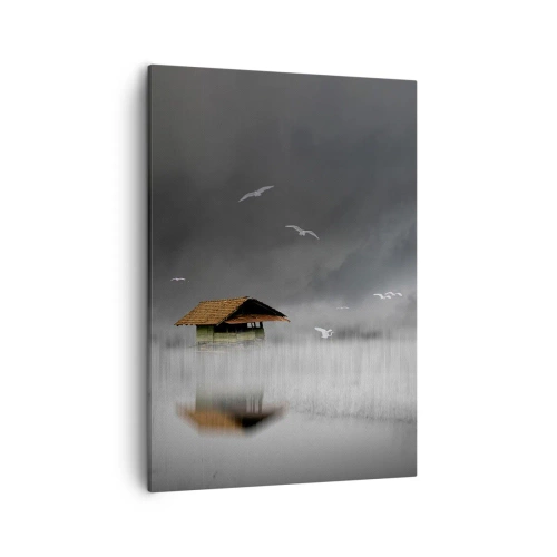 Impression sur toile - Image sur toile - Un chalet solitaire sur l'eau entouré de brouillard et d'oiseaux - 50x70cm - A l'abri de la pluie - Décoration murale moderne pour le salon et la chambre ARTTOR