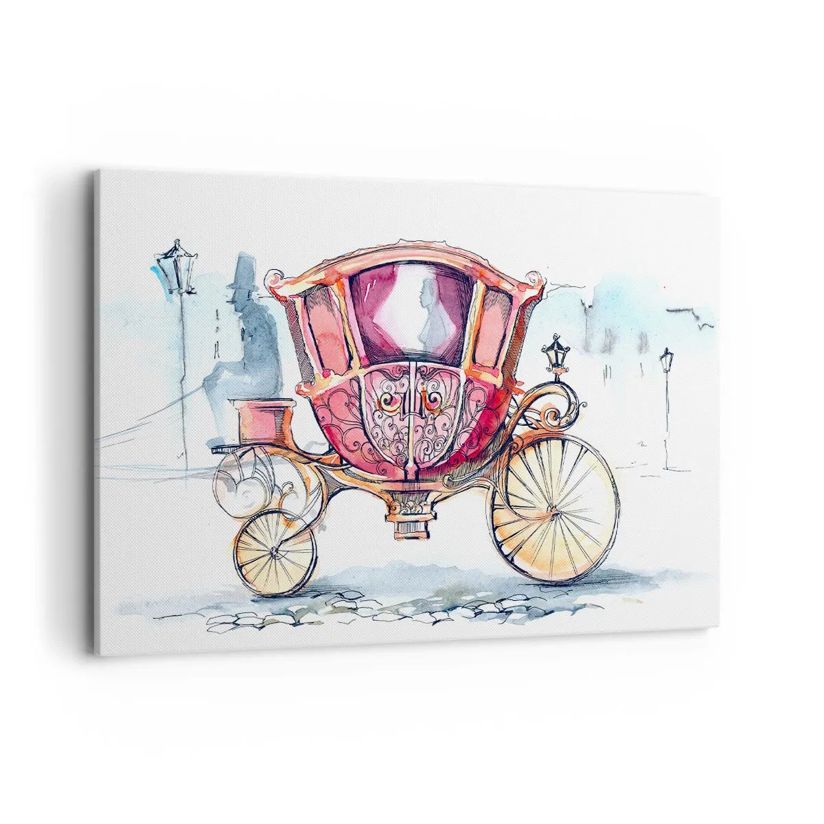 Impression sur toile - Image sur toile - Une illustration élégante d'une voiture ancienne aux couleurs pastel. - 120x80cm - À un mariage ou à un bal ? - Décoration murale moderne pour le salon et la chambre ARTTOR