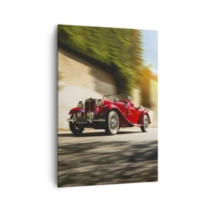 Impression sur toile - Image sur toile - Voiture classique rouge en mouvement dans une rue ensoleillée - 70x100cm - Plus belle que Nike de Samothrace - Décoration murale moderne pour le salon et la chambre ARTTOR