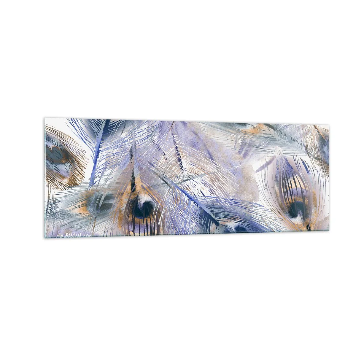 Impression sur verre - Image sur verre - Un motif avec des plumes de paon dans des tons de bleu et d'or - 140x50cm - Composition de paon - Décoration murale moderne pour le salon et la chambre ARTTOR