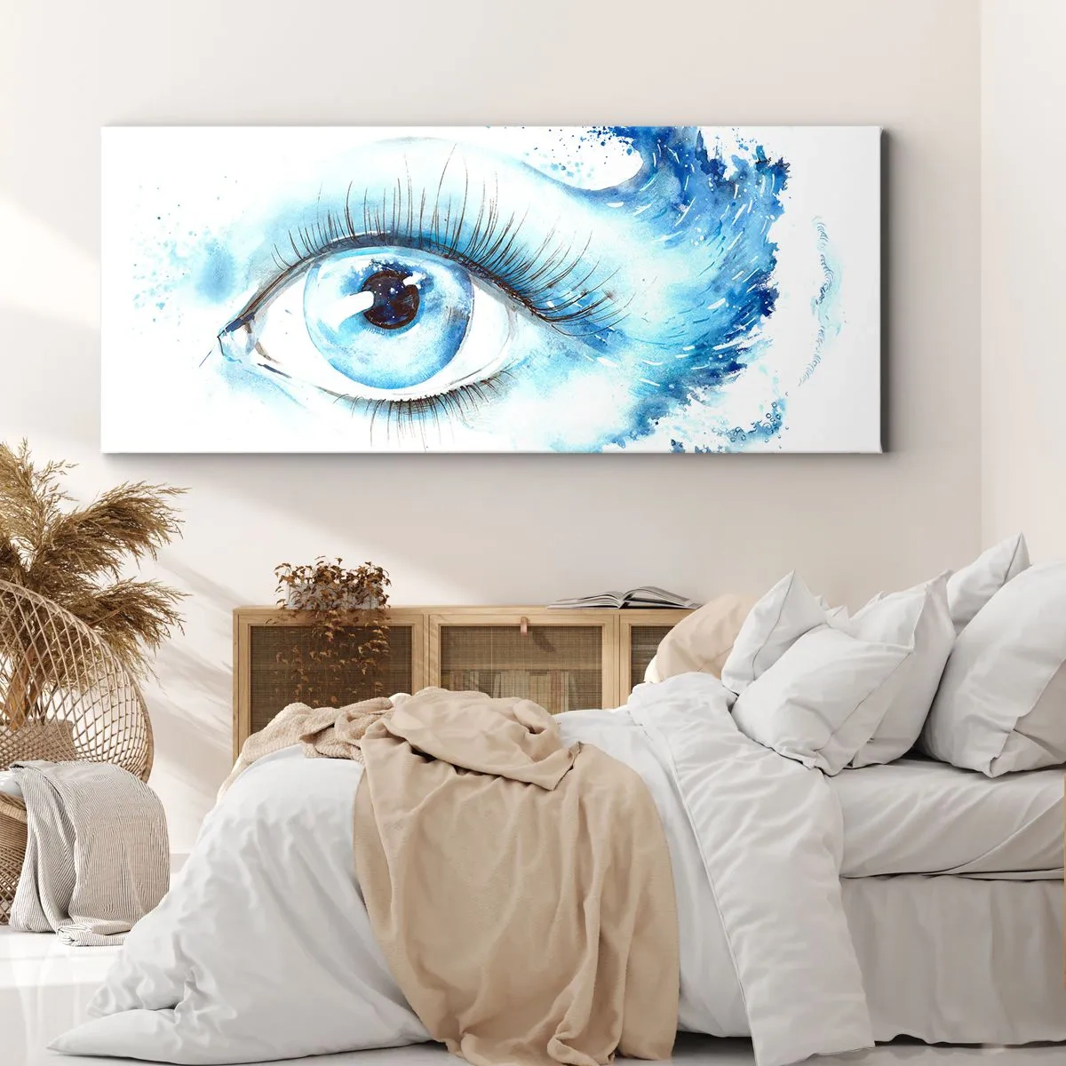 Impression sur toile - Image sur toile - Aquarelle artistique d'un œil avec une vague dynamique - 160x50cm - Plongez-vous dans le bleu du regard - Décoration murale moderne pour le salon et la chambre ARTTOR