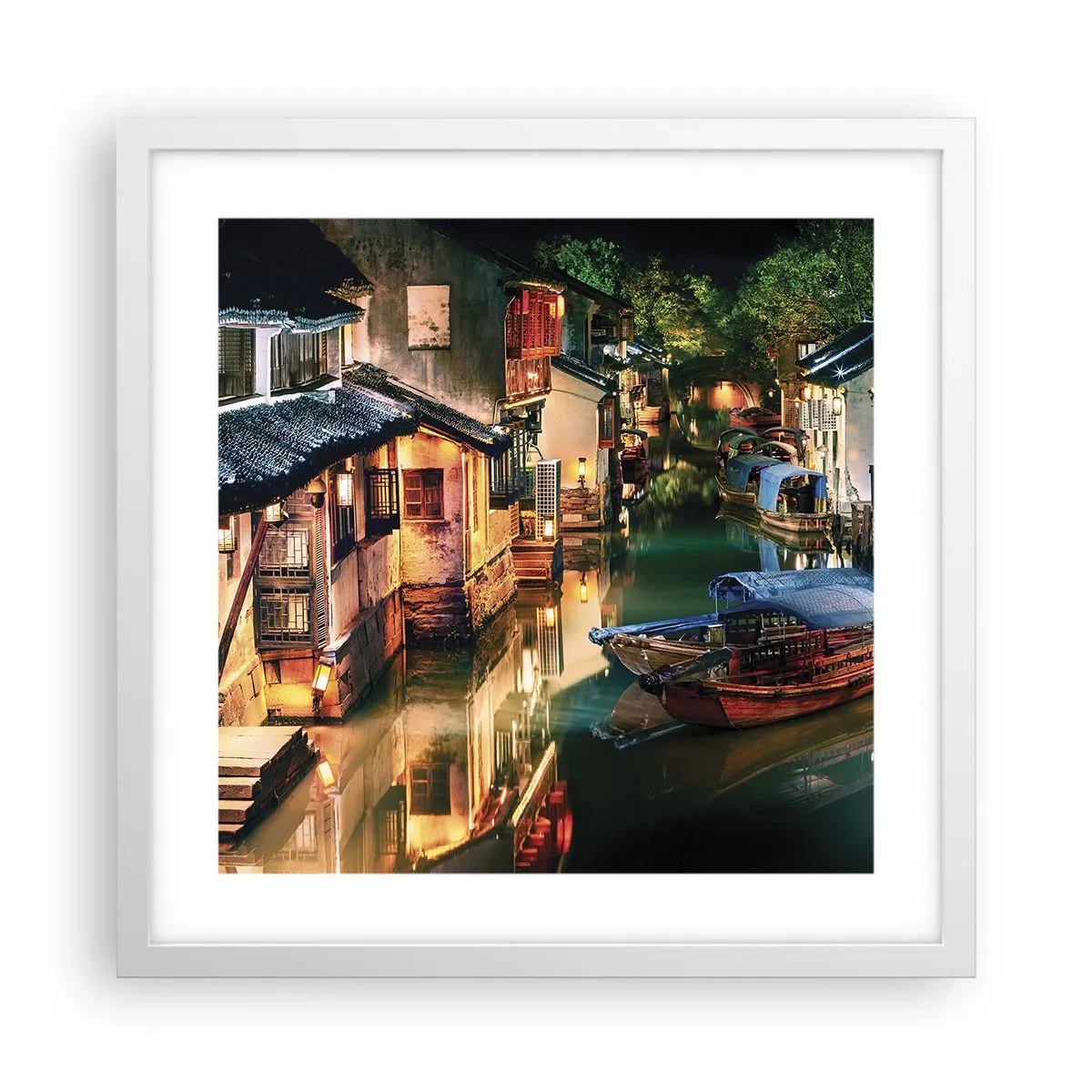 Affiche dans un cadre blanc - Poster - Soirée dans une rue chinoise - 40x40 cm