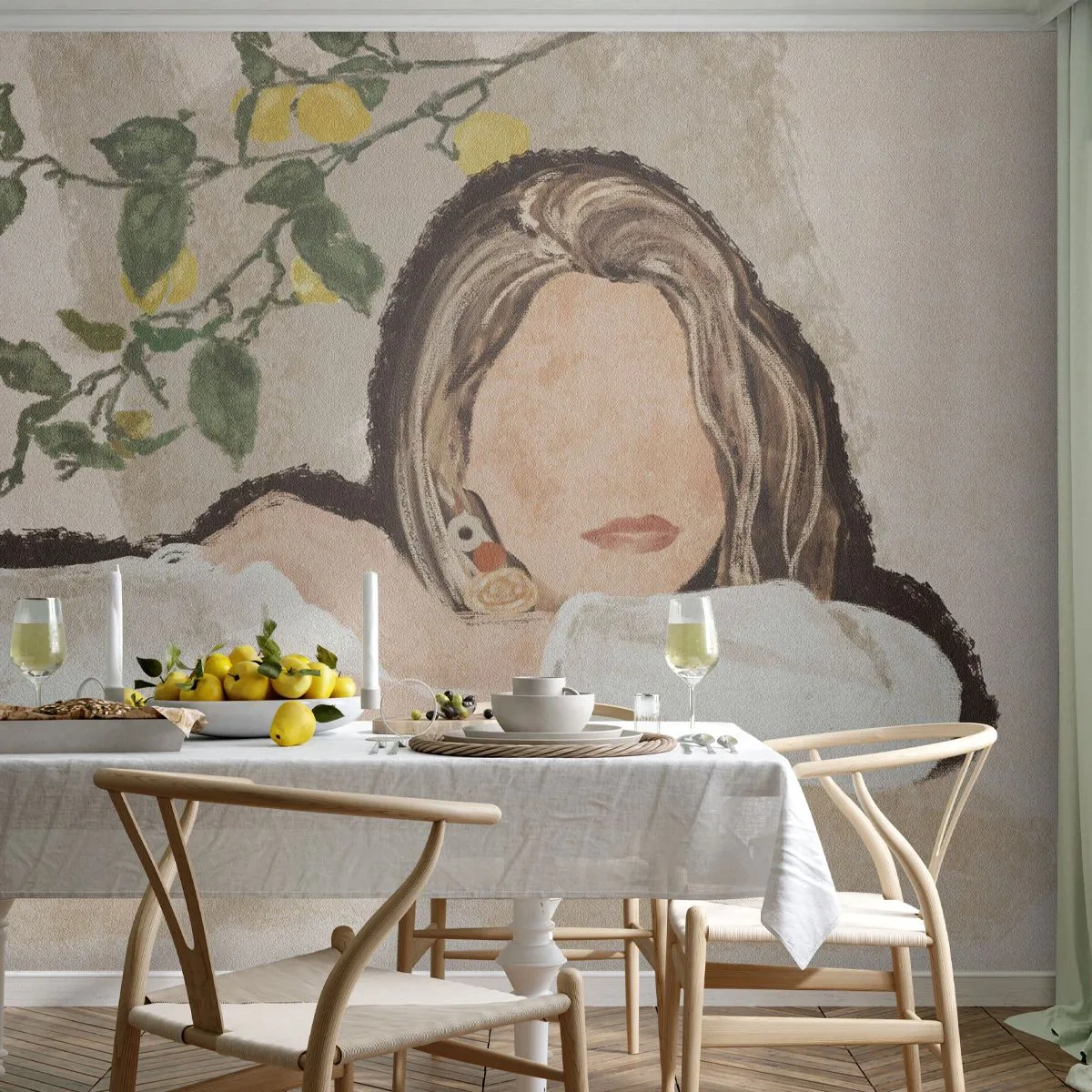 Papier Peint Photo Premium Sand - Une femme en blanc avec une branche de citron en arrière-plan, dans un style illustratif. - 100x70cm - La beauté du sud - Décoration murale moderne pour le salon et la chambre ARTTOR