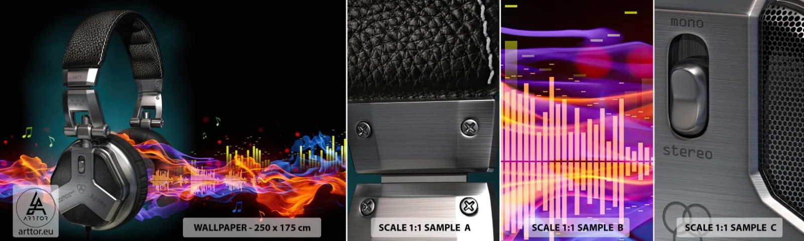 Échantillon de Papier Peint Autocollant Deluxe Sticker - Dans le feu de la musique - Abstraction, Musique, Écouteurs - 100x30 cm