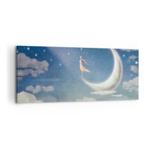 Impression sur toile - Image sur toile - Une femme dans la lune entourée d'étoiles et de nuages - 120x50cm - Valise bleue - Décoration murale moderne pour le salon et la chambre ARTTOR