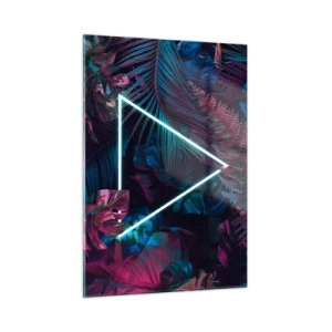 Impression sur verre - Image sur verre - Un triangle néon entouré de plantes tropicales dans des tons de rose et de bleu. - 50x70cm - Jardin de style disco - Décoration murale moderne pour le salon et la chambre ARTTOR