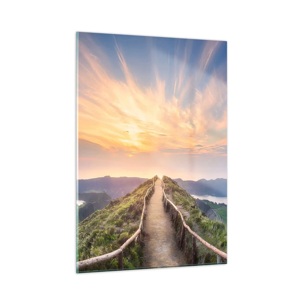 Impression sur verre - Image sur verre - Sentier au sommet d'une colline avec vue sur le coucher du soleil - 50x70cm - Proche du ciel - Décoration murale moderne pour le salon et la chambre ARTTOR