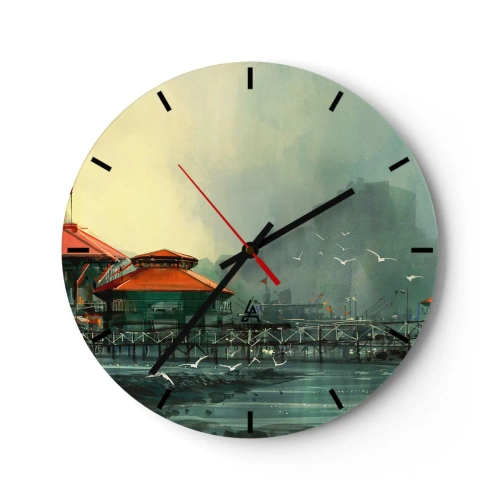 Horloge murale - Pendule murale - Une scène portuaire avec une jetée et des bâtiments contre un ciel nuageux - 30x30cm - Une journée ensoleillée au port - Décoration murale moderne pour le salon, la cuisine et la chambre ARTTOR