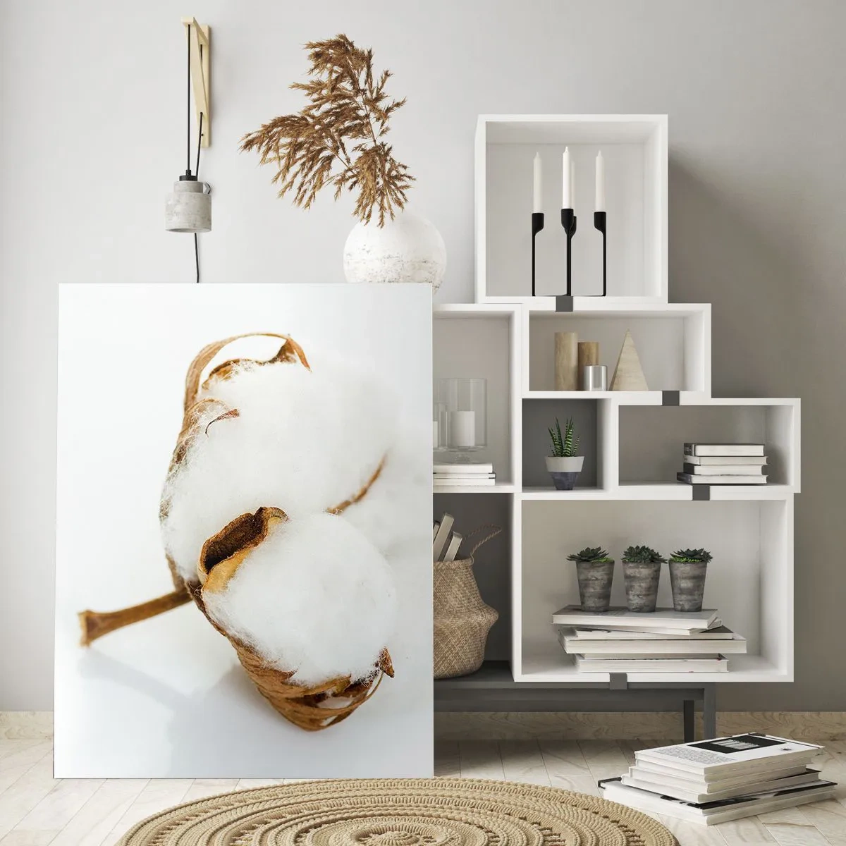 Impression sur verre - Image sur verre - Une seule fleur de coton duveteuse sur fond blanc - 50x70cm - Doux par nature - Décoration murale moderne pour le salon et la chambre ARTTOR