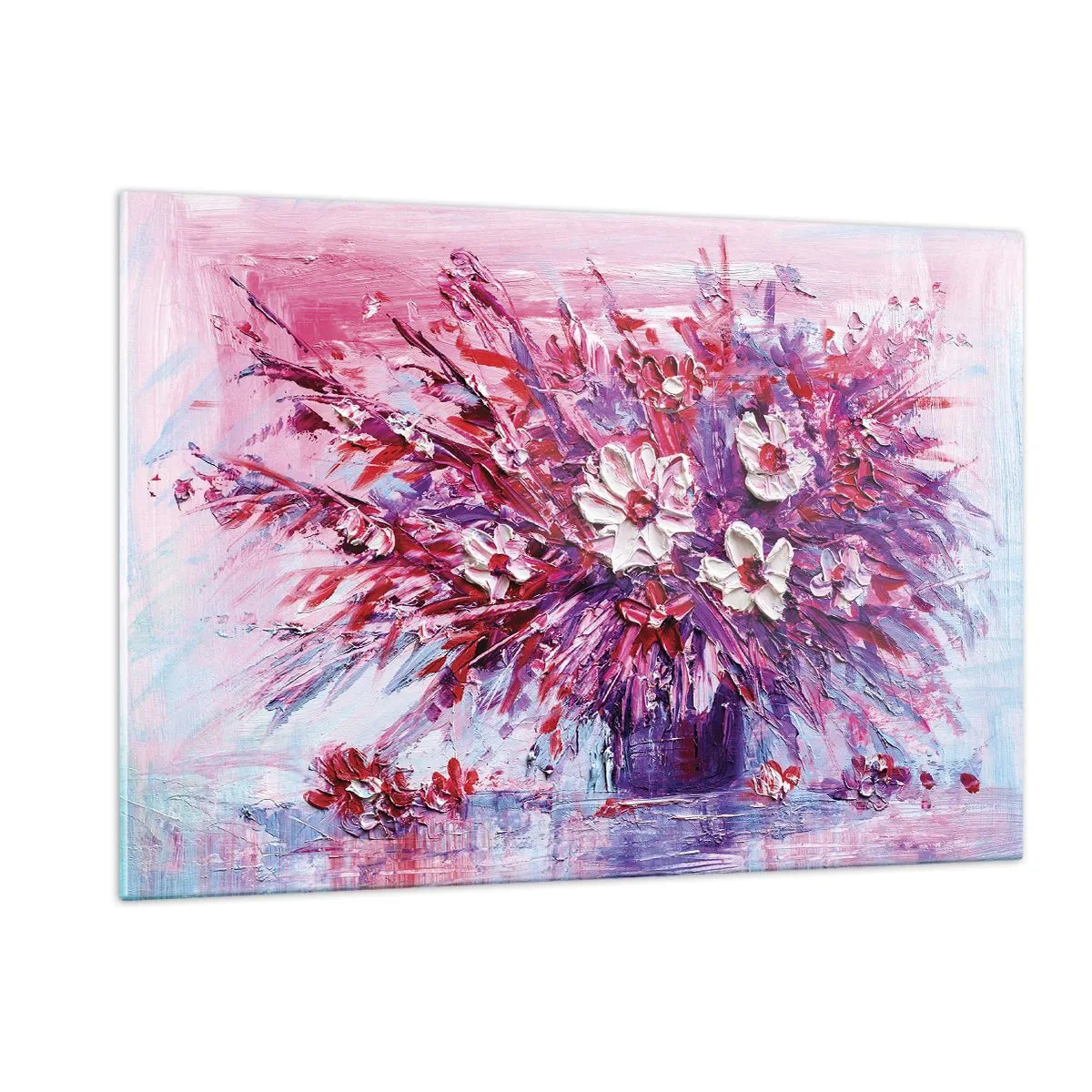 Impression sur verre - Image sur verre - Un bouquet de fleurs dans les tons de rose et de violet - 120x80cm - Innocence et passion - Décoration murale moderne pour le salon et la chambre ARTTOR