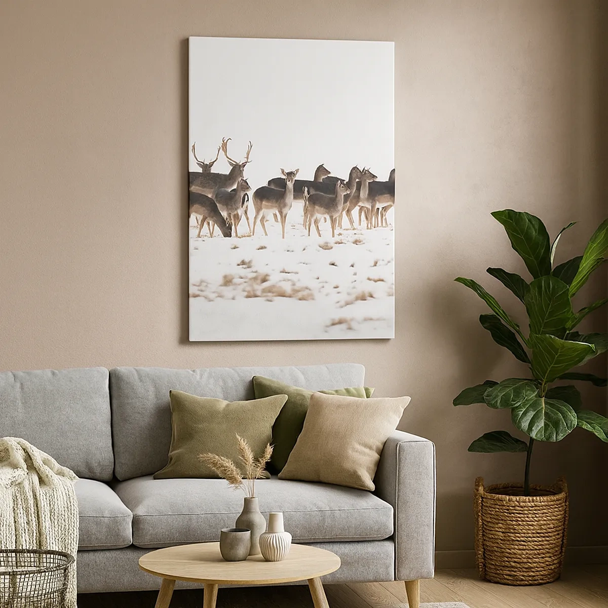 Impression sur toile - Image sur toile - Un troupeau de cerfs sur fond de neige - 50x70cm - Les fêtes approchent ? - Décoration murale moderne pour le salon et la chambre ARTTOR