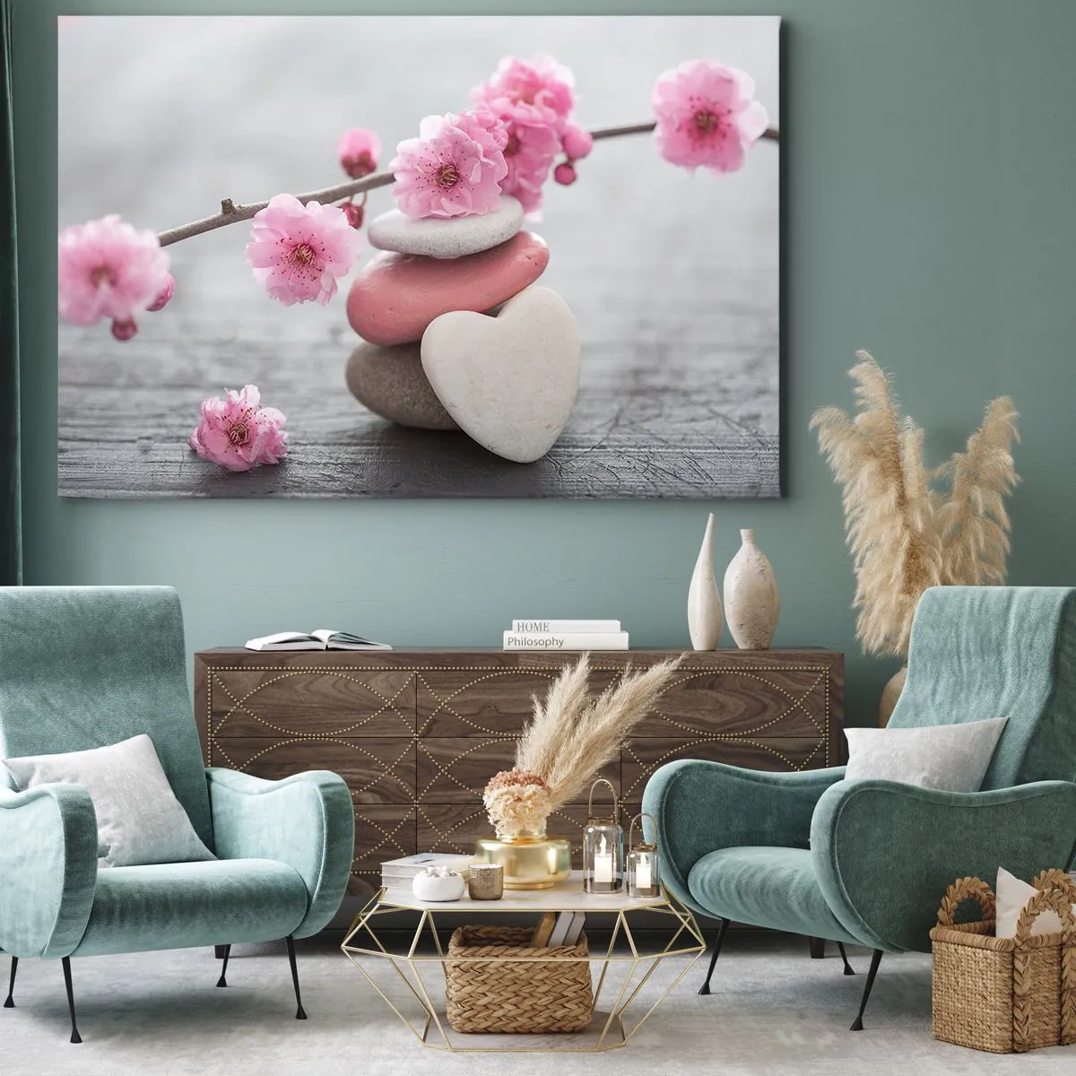Impression sur toile - Image sur toile - Fleurs de cerisier délicates avec des pierres en forme de cœur - 70x50cm - Le bonheur avec une fleur de cerisier - Décoration murale moderne pour le salon et la chambre ARTTOR