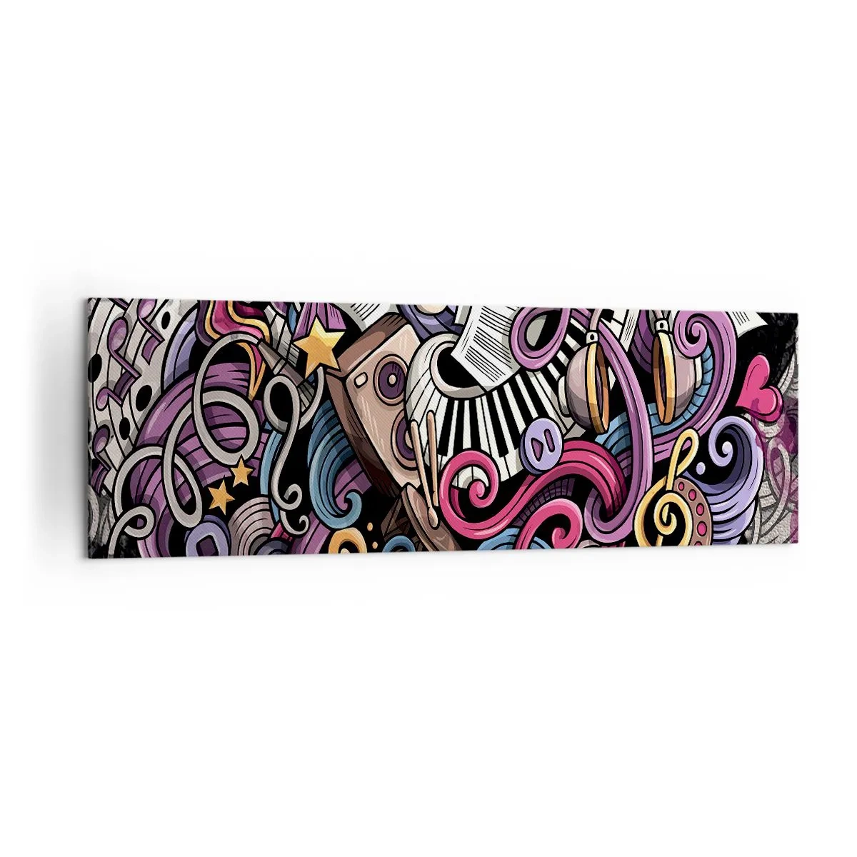 Impression sur toile - Image sur toile - Une abstraction musicale pleine d'instruments et de notes colorées. - 160x50cm - Mélodie compliquée - Décoration murale moderne pour le salon et la chambre ARTTOR