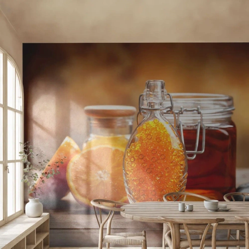Papier Peint Photo Premium Sand - Saveurs et arômes ensoleillés - La gastronomie, Orange, Pot de miel - 250x175 cm