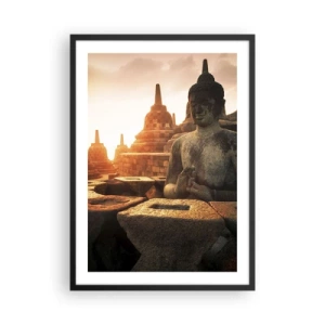 Affiche dans un cadre noir - Poster - Statue de Bouddha avec des temples en arrière-plan au coucher du soleil - 50x70cm - Temps de grande sagesse - Décoration murale moderne pour le salon et la chambre ARTTOR