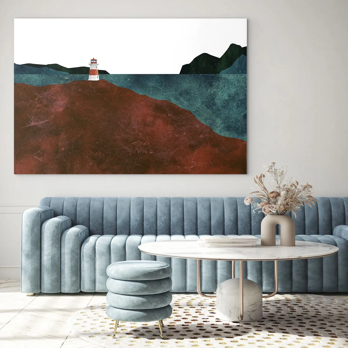 Impression sur verre - Image sur verre - Un phare sur fond de mer turquoise et de falaises rouges - 100x70cm - En regardant la mer - Décoration murale moderne pour le salon et la chambre ARTTOR
