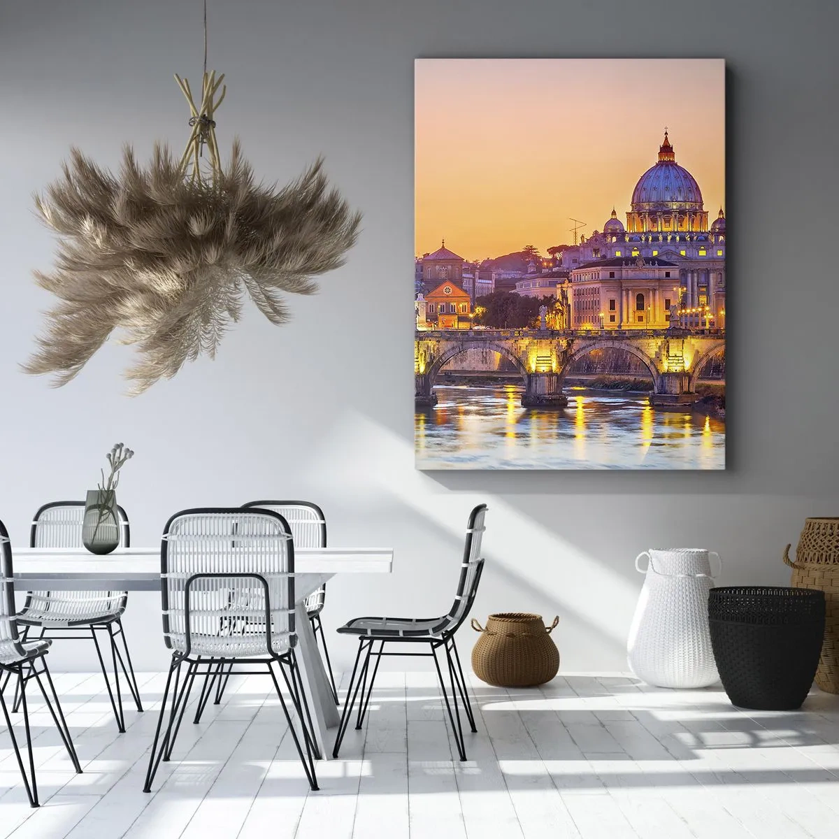 Impression sur toile - Image sur toile - Panorama du Vatican au coucher du soleil avec un pont sur la rivière - 50x70cm - Coucher de soleil sur la ville éternelle - Décoration murale moderne pour le salon et la chambre ARTTOR