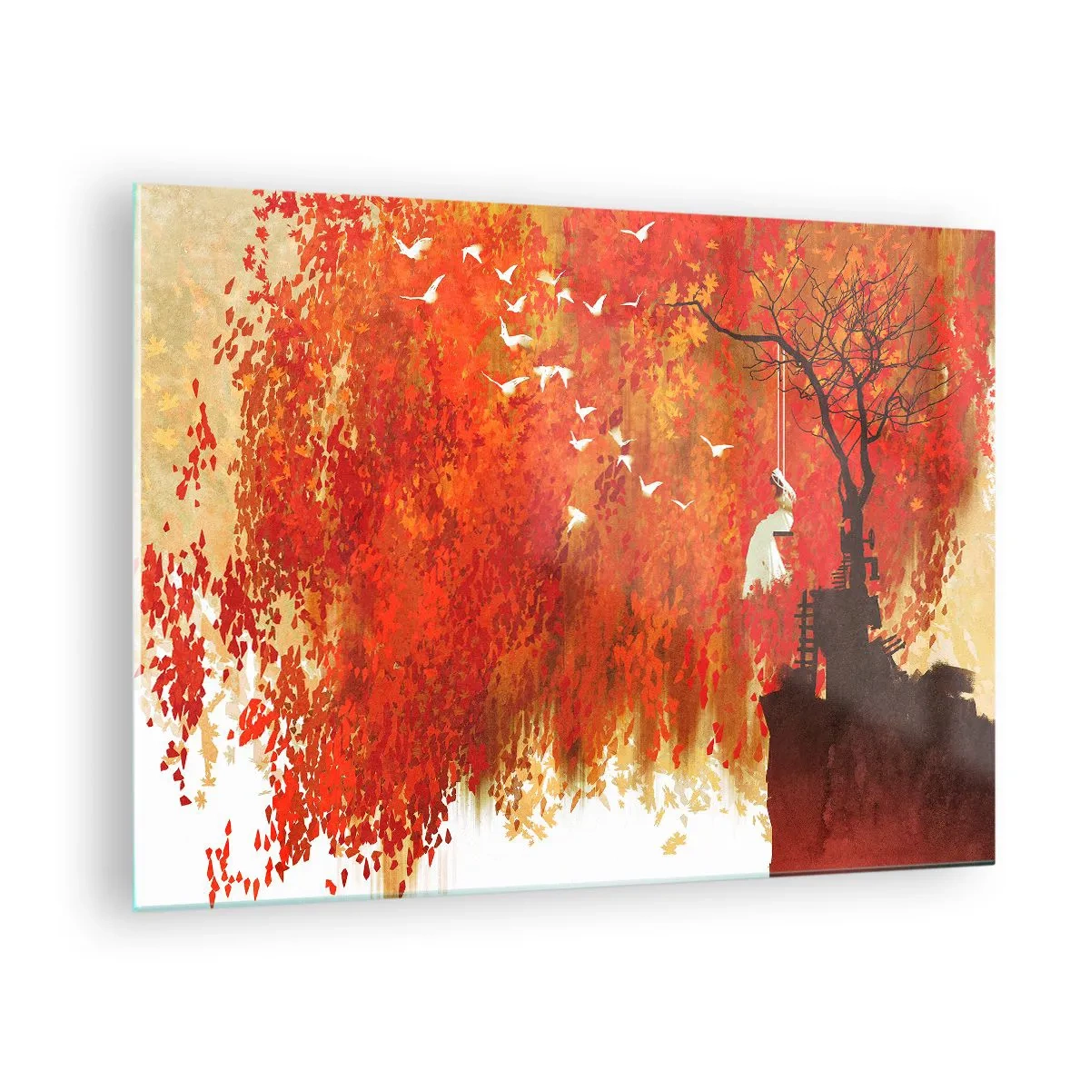 Impression sur verre - Image sur verre - Des feuilles rouges, un arbre solitaire et des oiseaux dans une scène d'automne - 70x50cm - S'envolera-t-il avec eux ? - Décoration murale moderne pour le salon et la chambre ARTTOR