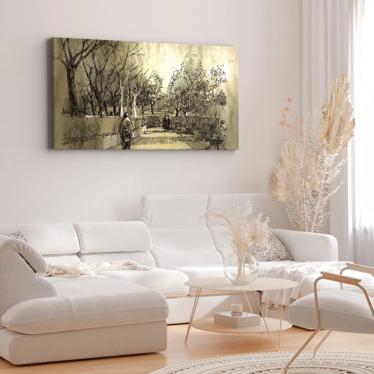 Impression sur toile - Image sur toile - Une scène de dessin animé d'un parc avec des gens marchant dans des tons chauds. - 140x50cm - Un moment arrêté avec une plume - Décoration murale moderne pour le salon et la chambre ARTTOR
