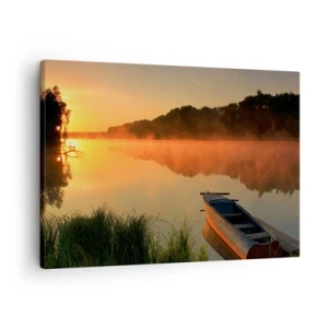 Impression sur toile - Image sur toile - Brouillard matinal sur la rivière avec un bateau sous les rayons du soleil - 70x50cm - Lever du soleil sur l'eau comme un miroir - Décoration murale moderne pour le salon et la chambre ARTTOR